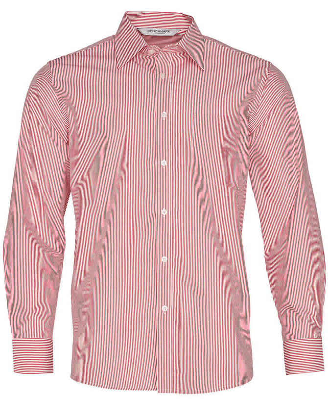A long sleeve button-up shirt featuring red and white stripes, with a collar and button closure, and a logo on the label.