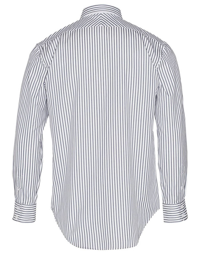 A back view of a men's long sleeve button-up shirt featuring sateen stripes in white and navy. The shirt has a collar and cuffs.