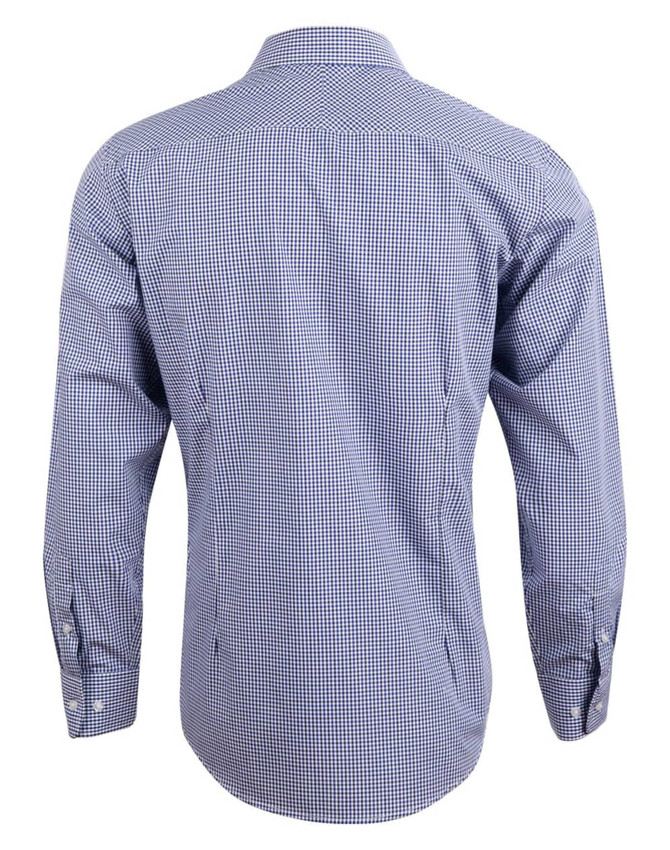 A blue and white check long-sleeve button-up shirt with a back view design. Features a collar and logo on the chest.