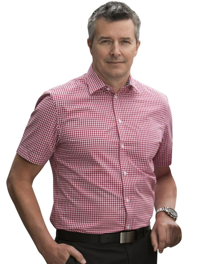 A short-sleeved men's button-up shirt in red and white gingham check, featuring a logo.
