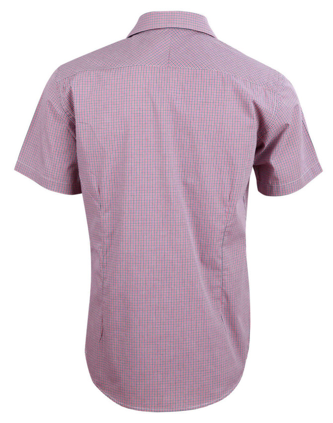 A men's short-sleeve button-up shirt featuring a red and white mini check pattern and a back yoke design.