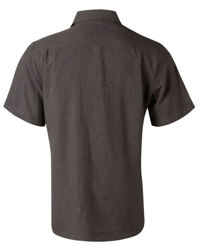 A men's short sleeve shirt in a charcoal grey colour, featuring a collar and a logo on the back.