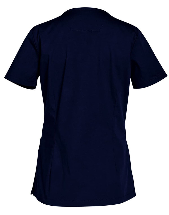 A navy blue ladies' scrub top with short sleeves and a simple design, featuring a logo on the back.