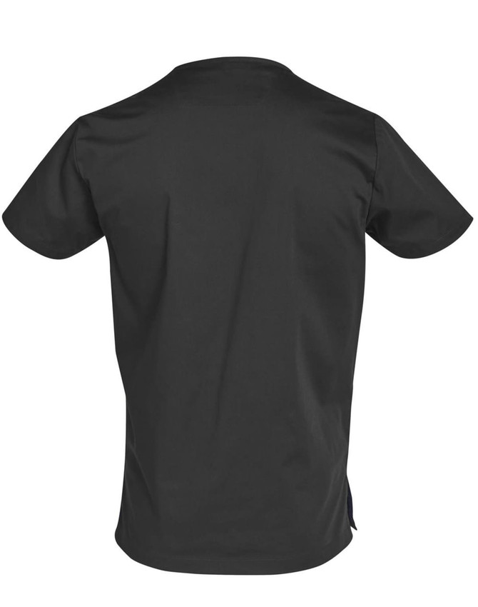 A black men's scrub top featuring a simple design with short sleeves and a back view. Includes branding.