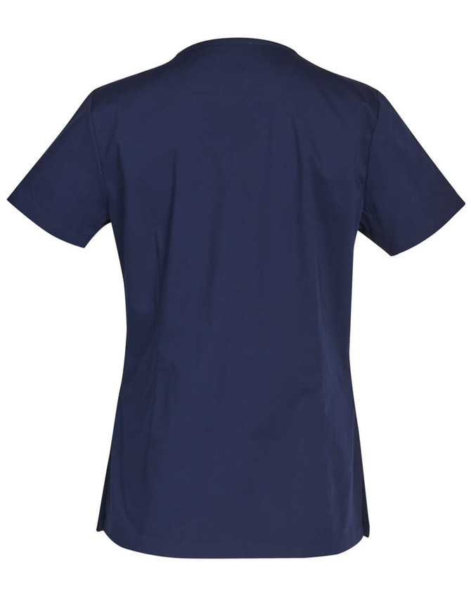 A navy women's scrub top with short sleeves and a fitted design, featuring contrast colour accents.