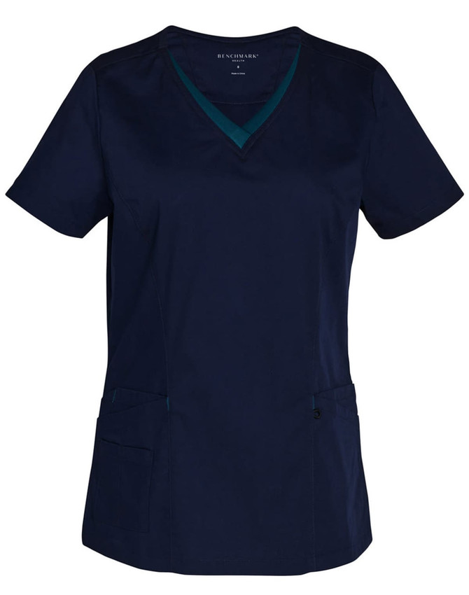 A navy blue ladies' scrub top featuring a V-neck and contrast colour detailing, with two pockets and a logo.