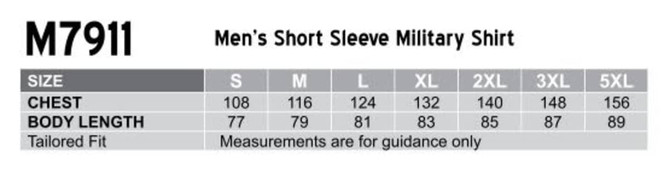 A chart displaying sizing information for a Men's Short Sleeve Military Shirt, including measurements for chest and body length.