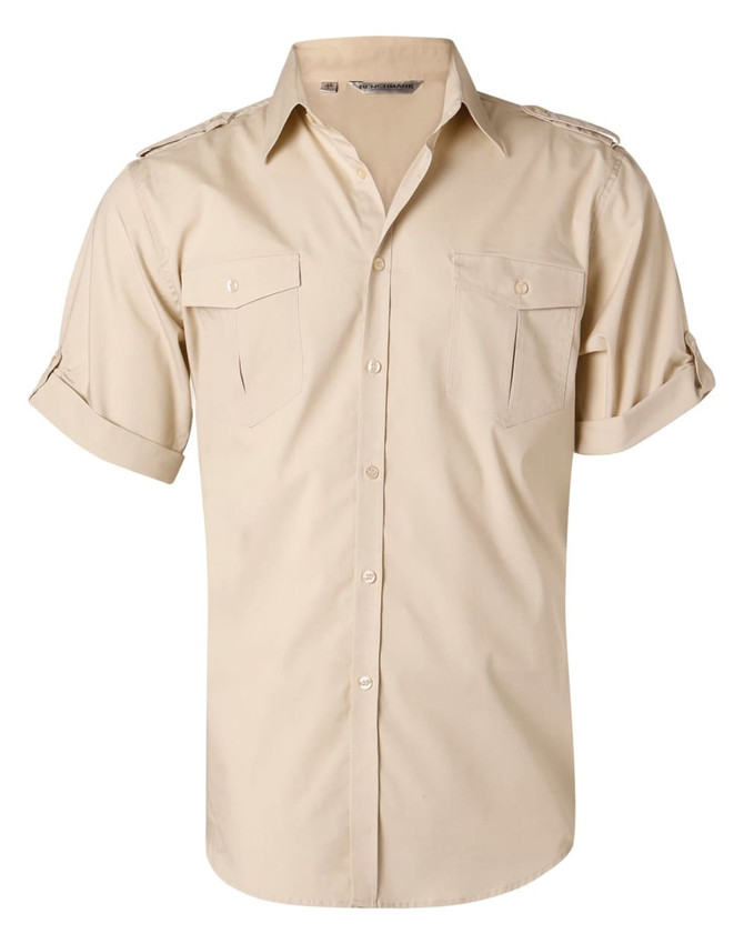 A beige men's short sleeve military shirt with button-up front and chest pockets. Features a logo on the collar.