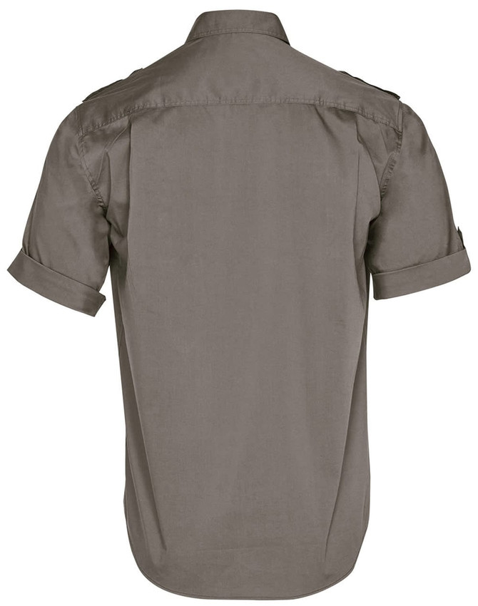 A men's short sleeve military shirt in a plain olive green colour, featuring rolled sleeves and a branding logo.
