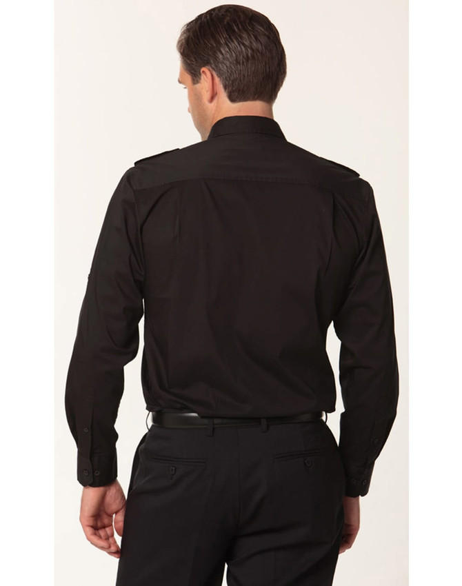 A black long sleeve military shirt featuring a button-up design and epaulettes on the shoulders.
