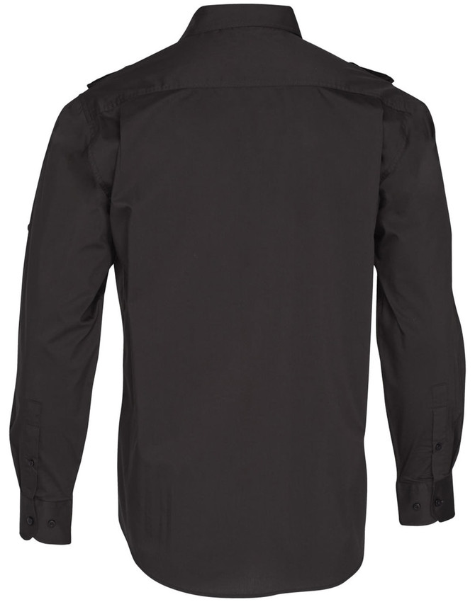 A black long sleeve military shirt featuring a button-up design and shoulder epaulets, with a logo on the sleeve.