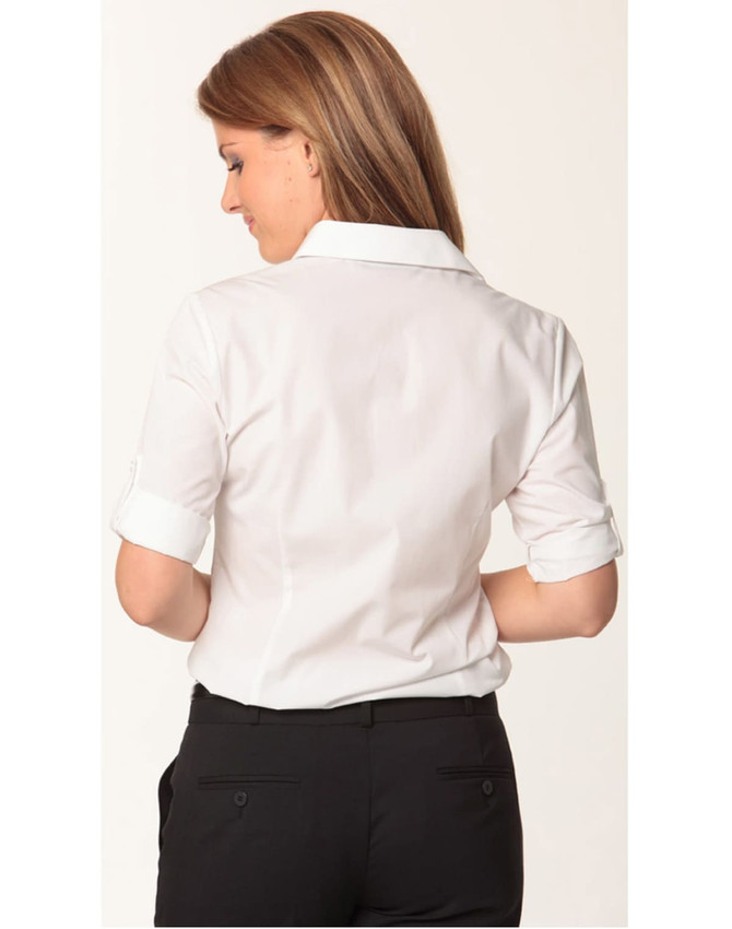 A white 3/4 sleeve button-up shirt for women, featuring rolled sleeves and a classic collar. It includes branding on the shirt.