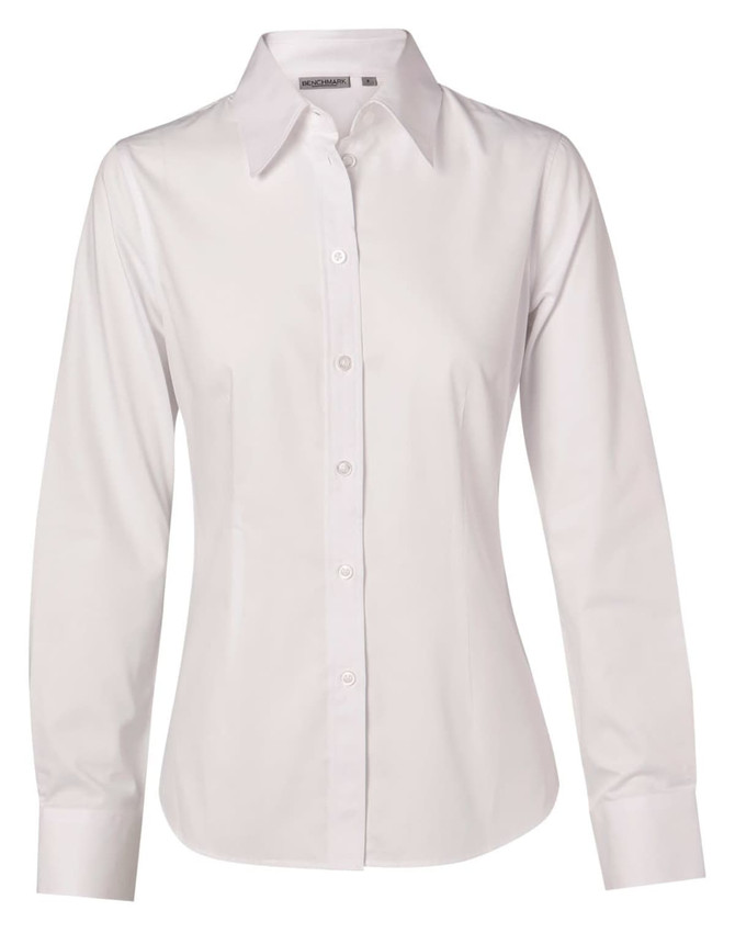 A white women's long sleeve cotton/poly stretch button-up shirt with a collar and branding.