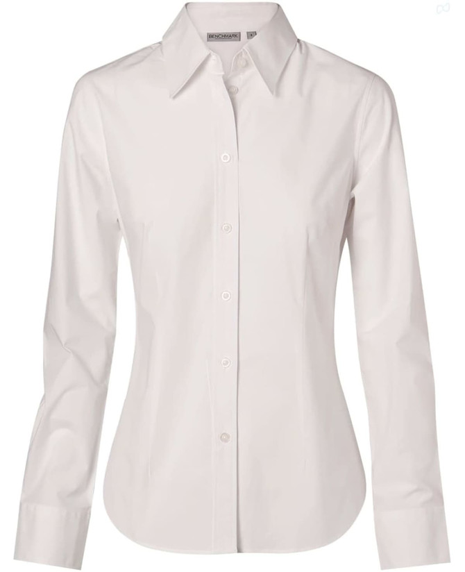 A white women's fine twill long sleeve button-up shirt with a collar and logo on the label.