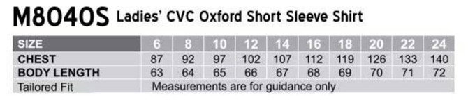 A chart displaying size measurements for a women's CVC Oxford short sleeve shirt in tailored fit.