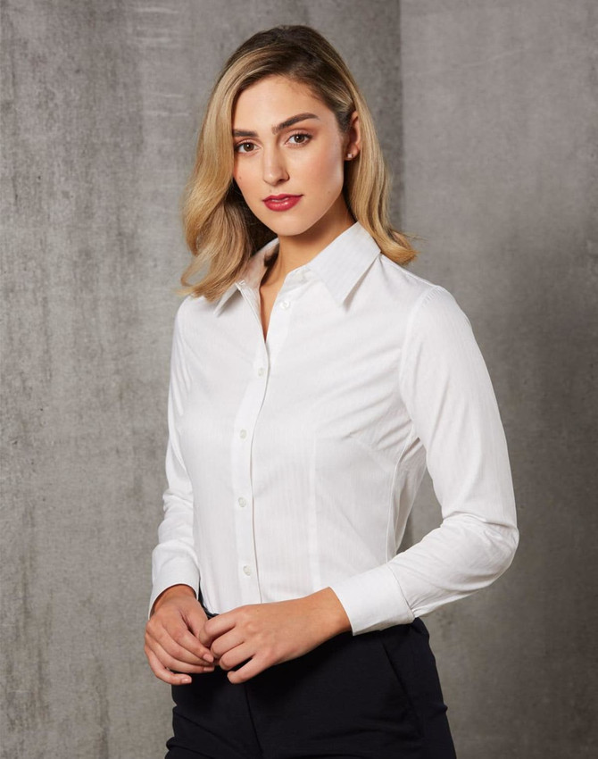 A white long-sleeve button-up shirt for women featuring self-stripe design, with a collar and button closure.