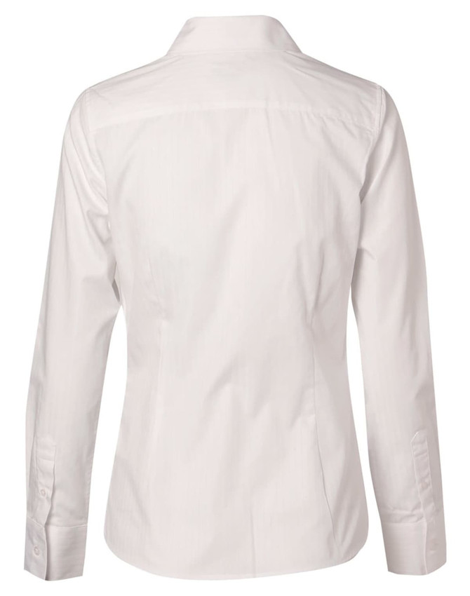 A white women's self-stripe long sleeve shirt with a collared neckline and button-up cuffs, featuring a branding logo.