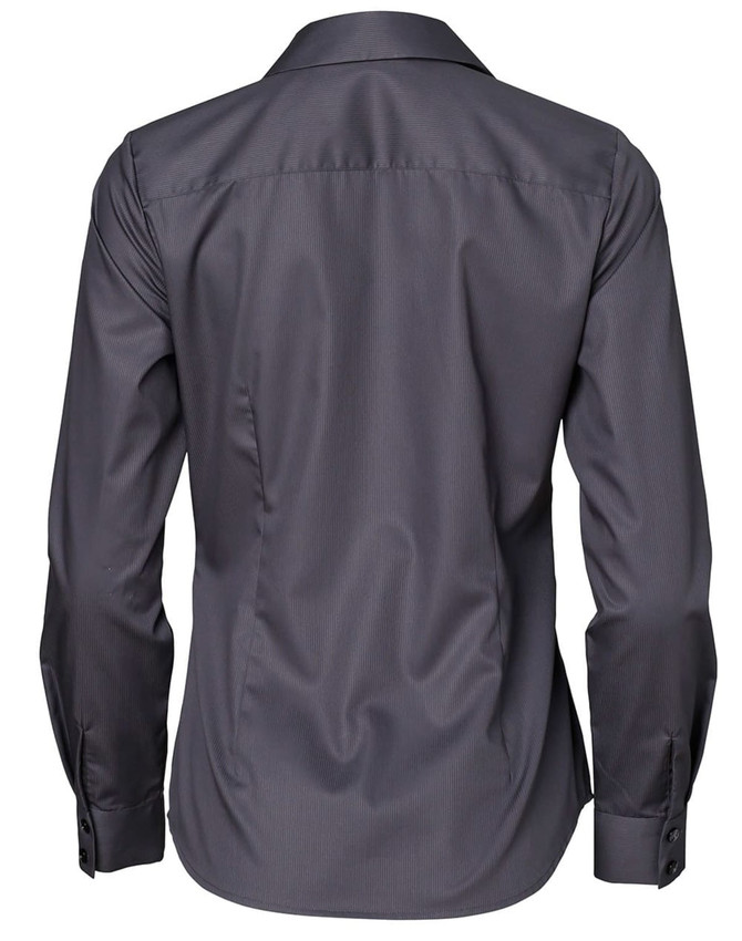 A dark grey long-sleeved button-up shirt featuring a dobby striped pattern and a branded logo.