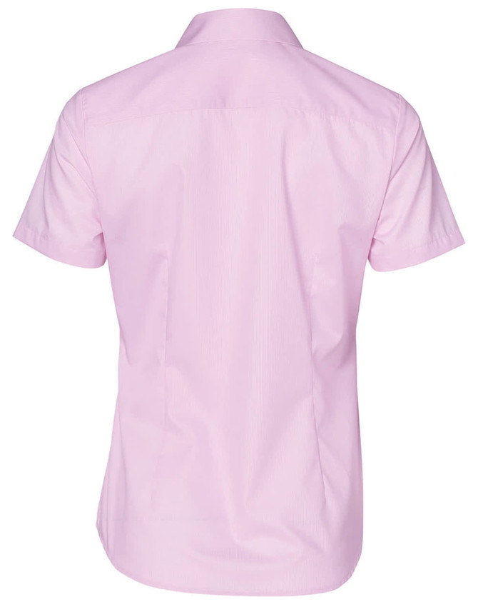 A pink short-sleeved button-up shirt with a striped design and a logo on the back.
