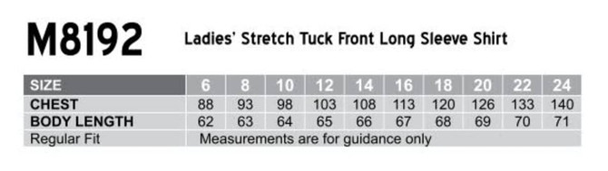 A chart displaying size measurements for the Women's Stretch Tuck Front Long Sleeve Shirt, including chest and body length.