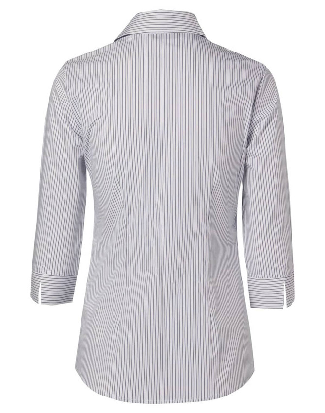 A button-up shirt in a white and navy ticking stripe design, featuring 3/4 length sleeves and a collar.