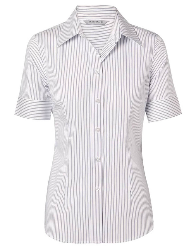 A women's short-sleeve button-up shirt in white with blue ticking stripes, featuring a collar and a fitted design.