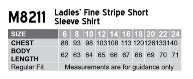 A table displaying size measurements for a women's fine stripe short sleeve shirt, including chest and body length details.