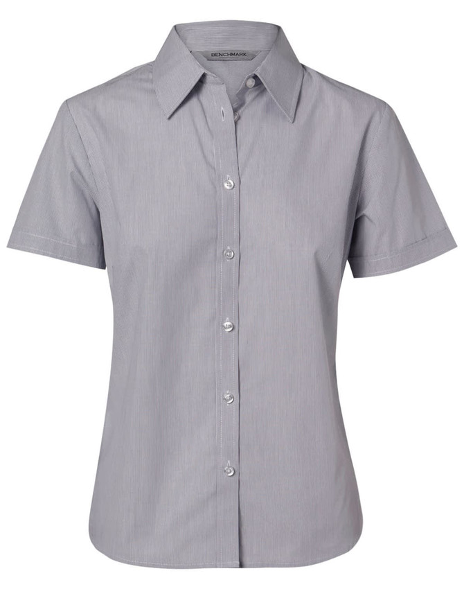 A women's short-sleeve button-up shirt featuring fine stripes in grey with a collar and buttons down the front.