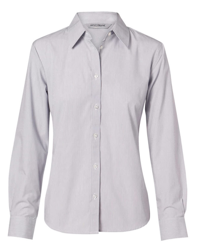 A light grey women's fine stripe long sleeve button-up shirt with a classic collar and button closure.