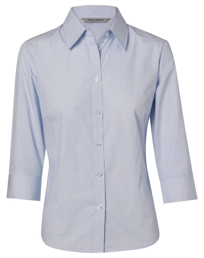 A light blue women's button-up shirt with fine stripes and 3/4 sleeves, featuring a collar and a logo.