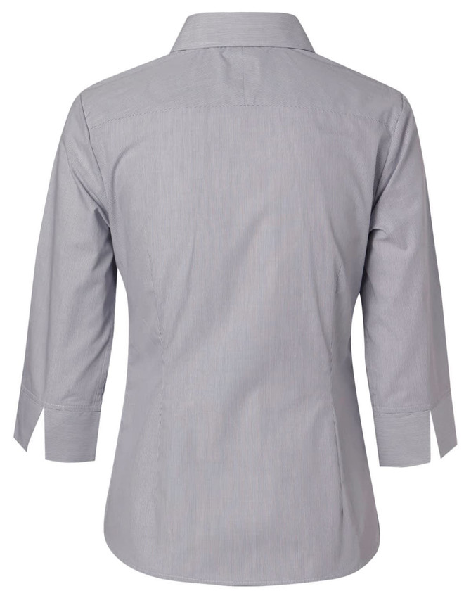 A grey women's button-up shirt featuring fine stripes and 3/4 sleeves, with a logo on the back.