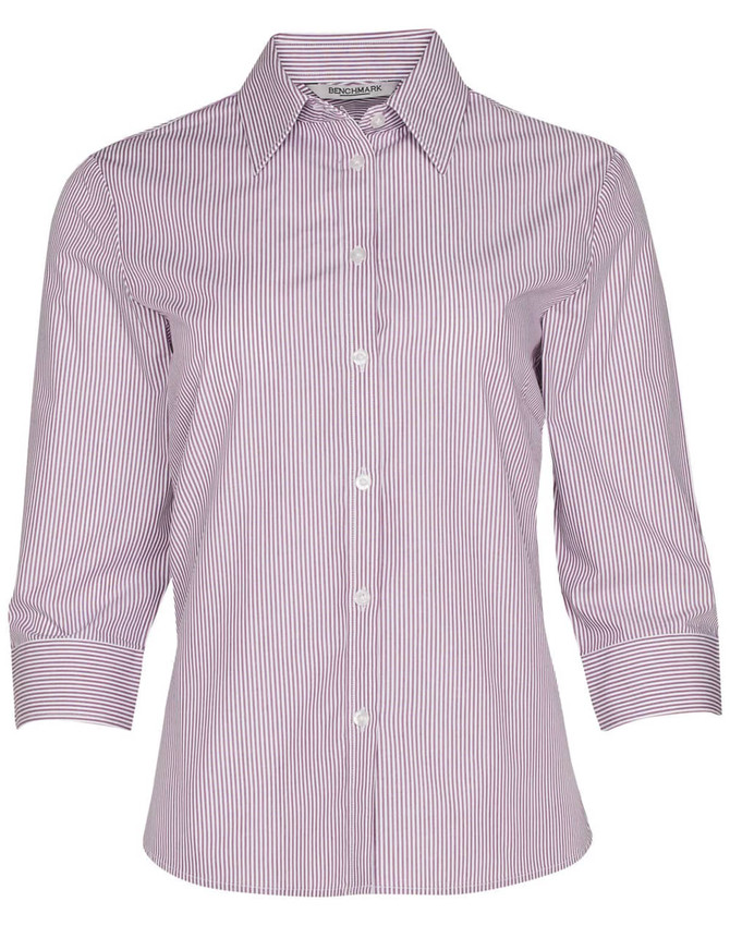 A striped women's button-up shirt with three-quarter sleeves in red and white. Features a collar and a logo.