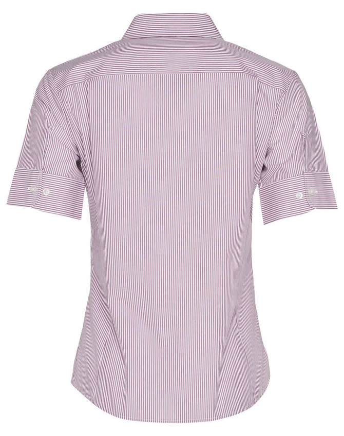 A short sleeve button-up shirt with red and white stripes, featuring a collar and a fitted design. It has a logo.