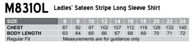 A size chart for a women's sateen stripe long sleeve shirt, listing chest measurements and body lengths in various sizes.