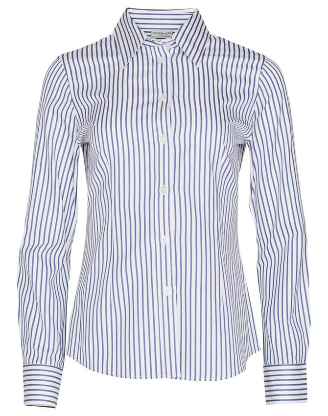 A button-up shirt featuring blue and white sateen stripes with a collared neckline and long sleeves. It has a logo on the label.