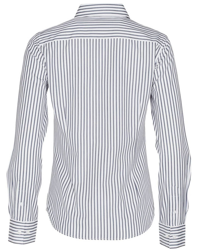 A back view of a women's long-sleeve button-up shirt featuring a blue and white sateen stripe pattern.