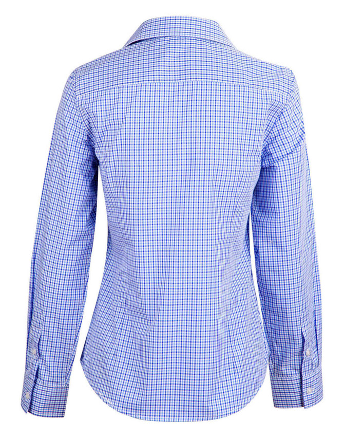 A blue and white check long-sleeve button-up shirt, featuring a fitted design and a collar. It has a logo on the fabric.