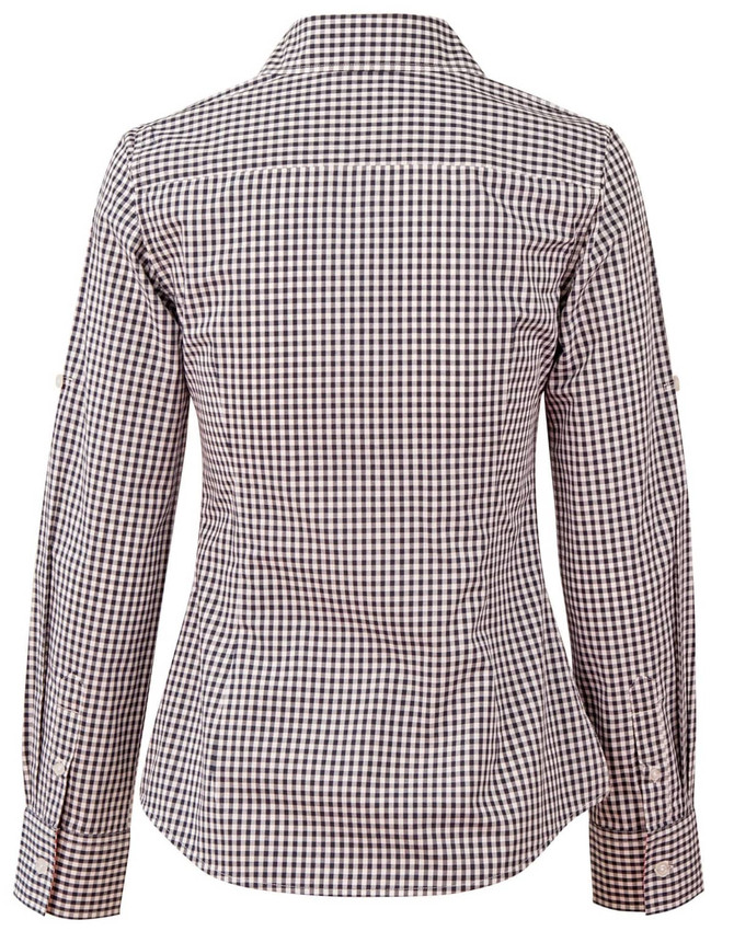 A women's long-sleeve shirt in a brown and white gingham check pattern with roll-up sleeves and a fitted design.