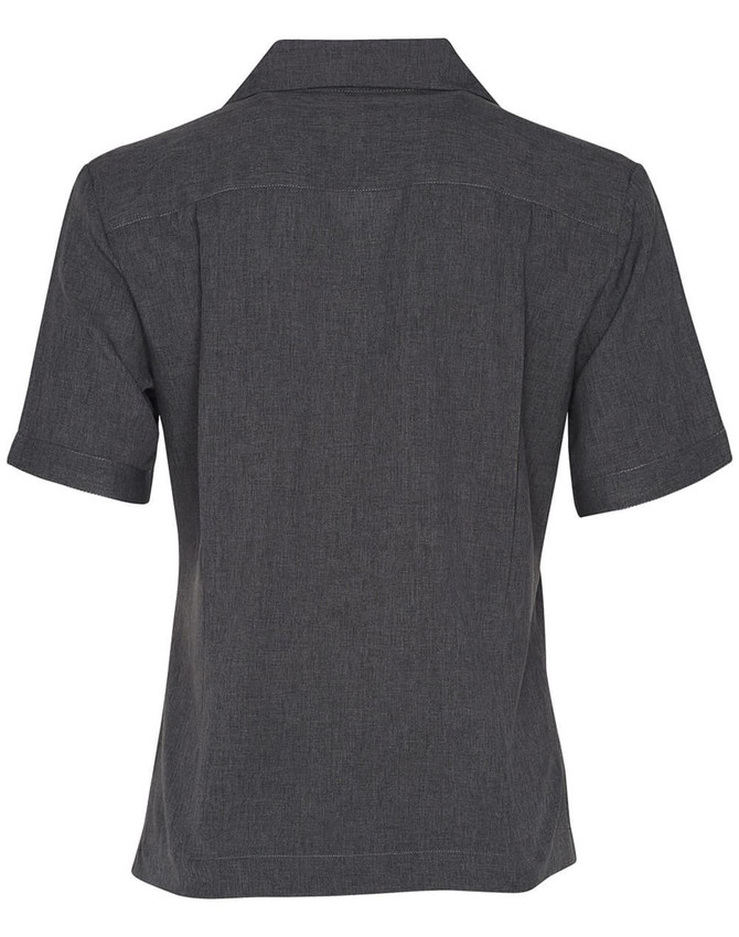A charcoal grey women's short sleeve overblouse with a collar and a streamlined back design.