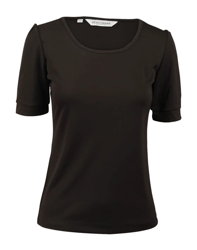 A women's black scoop neck T-shirt with short sleeves and a slight gathering at the sleeves. It features a logo.