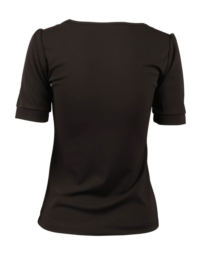 A black women's scoop neck T-shirt with short sleeves, featuring a plain back design.