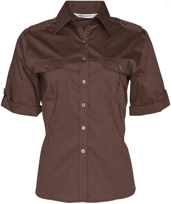 A brown women's short sleeve military shirt featuring button-up front and pockets, with rolled sleeves.