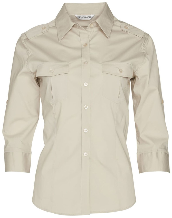 A beige women's 3/4 sleeve military shirt with two chest pockets and a collared design. Features a logo.