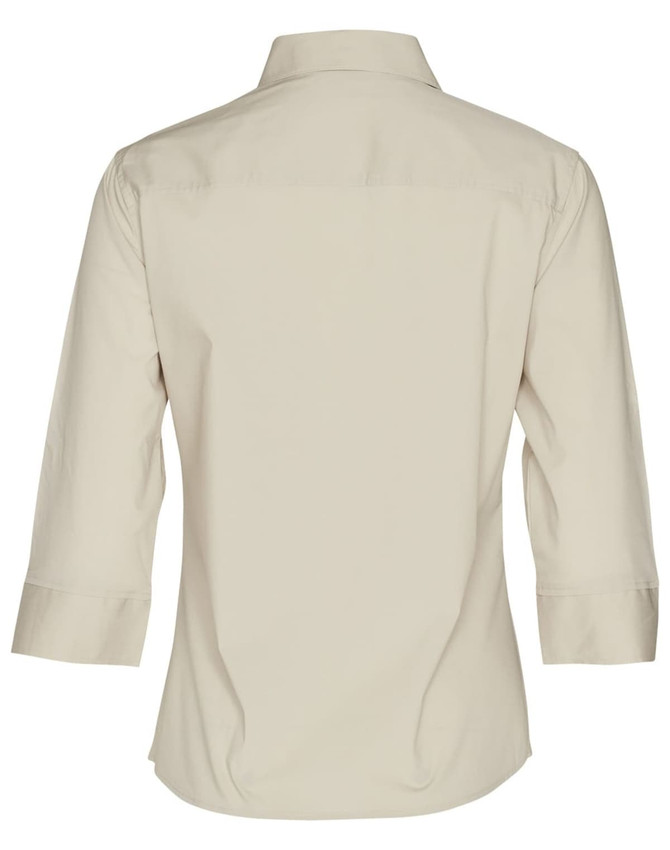 A back view of a women's beige 3/4 sleeve military shirt featuring a collar and a simple design.