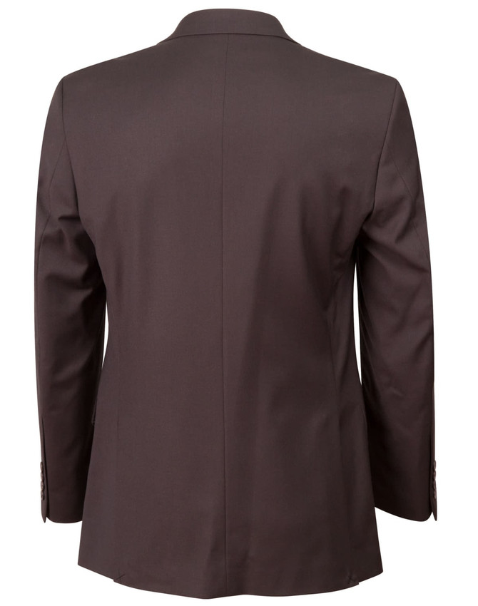 A men's two-button jacket in wool stretch, displayed from the back in a rich brown colour. Features a smooth finish.