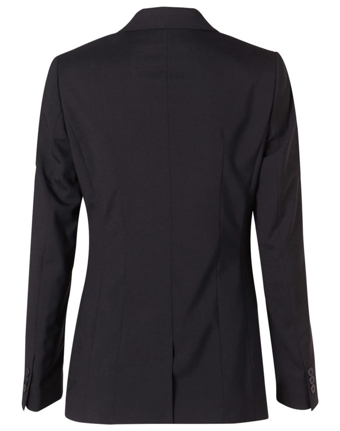 A women's mid-length jacket in black, showcasing a tailored back view with long sleeves and a sleek design.