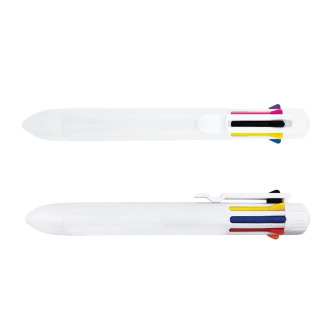 A white pen featuring multiple ink colours, with a clip and colour accents on the barrel. Logos are present.
