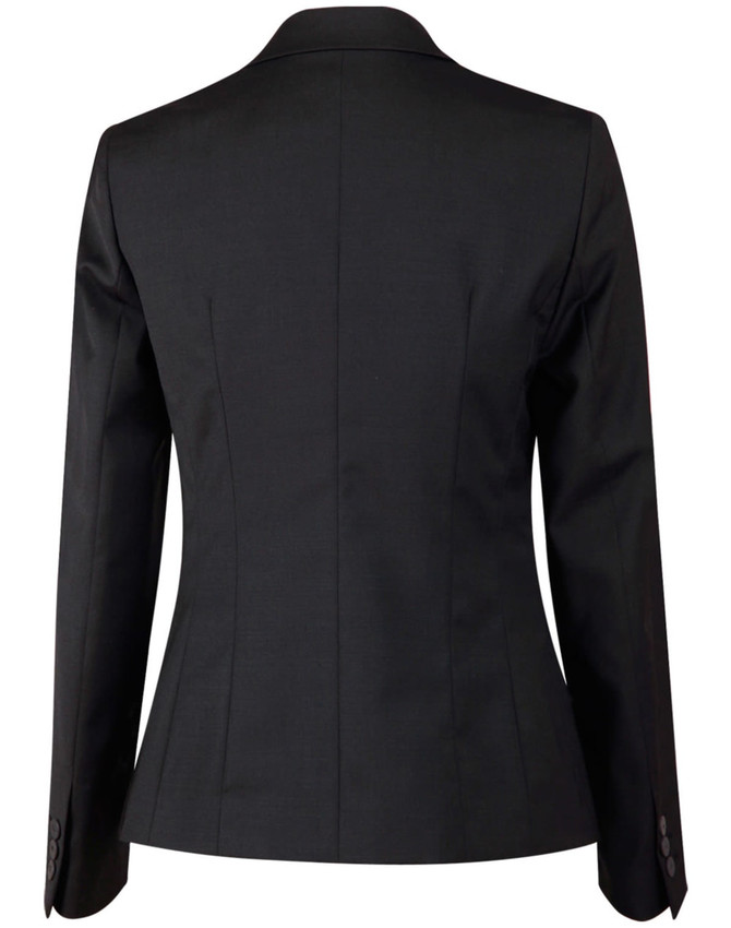 A black ladies' wool blend stretch cropped jacket with a one-button closure and tailored fit, featuring a sleek back design.
