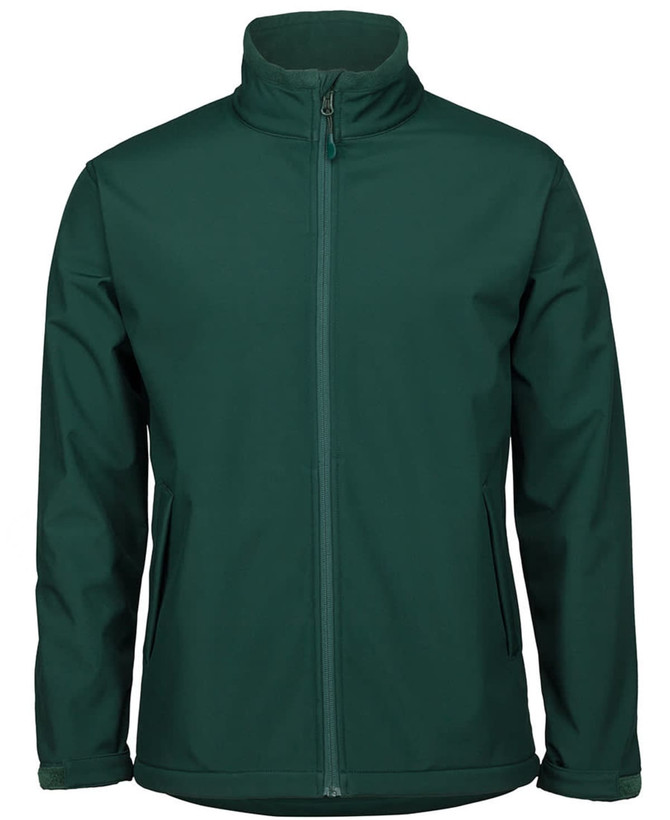 A dark green soft shell jacket with a full zip and side pockets, featuring a logo on the chest.