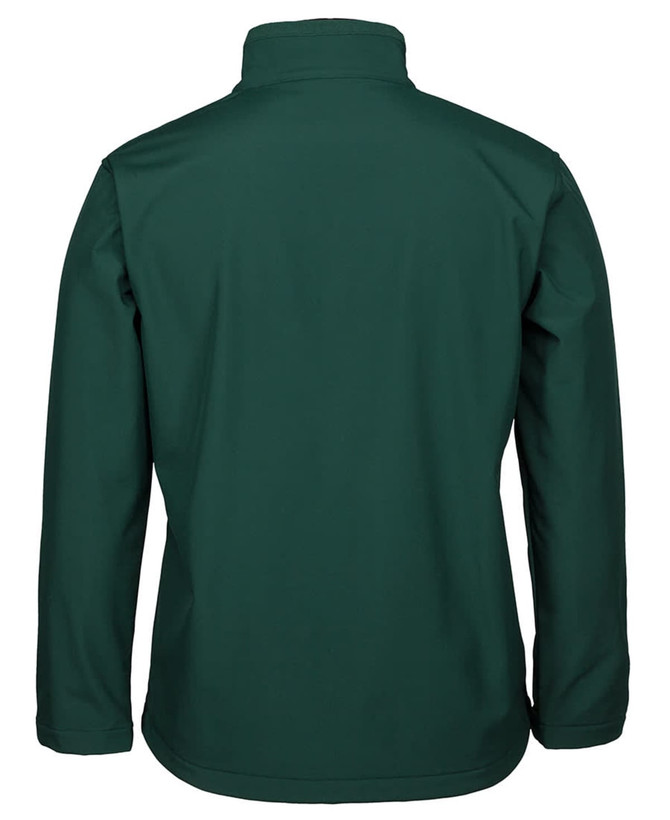 A green soft shell jacket featuring a high collar and a simple design, with a logo on the back.